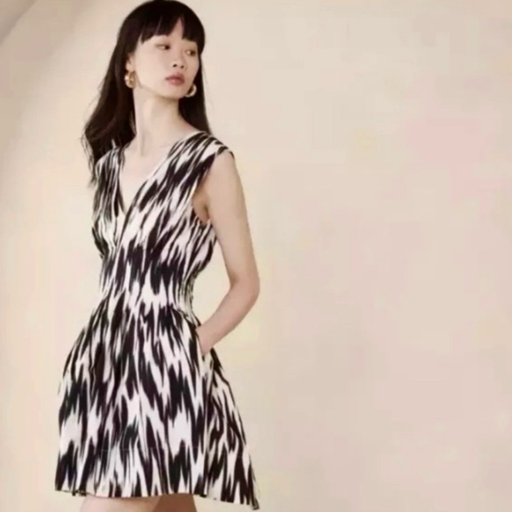 Banana Republic Cici Poplin Mini Dress Cream Black Sz 10T Tall